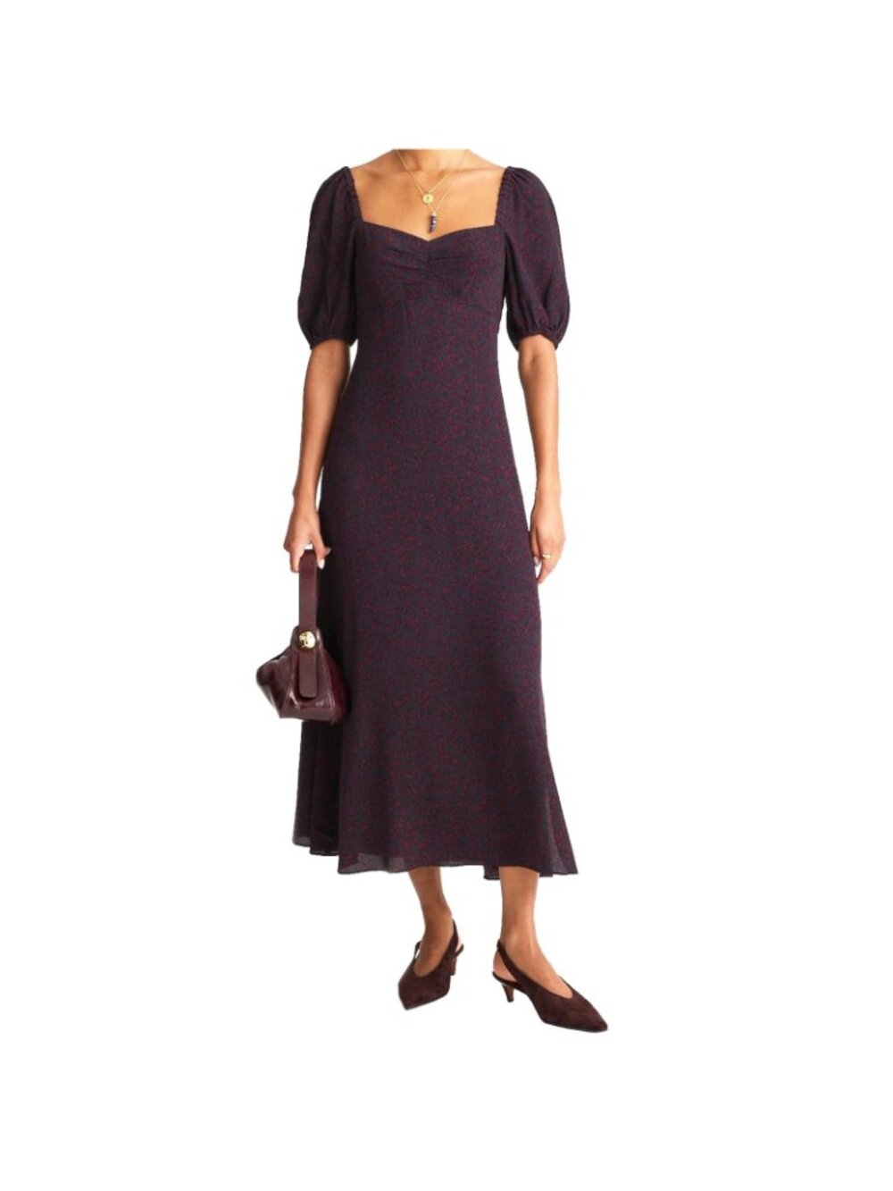 Madewell Puff Sleeve Sweetheart Dress Abstract Leaf Navy Burguny Midi Size 4